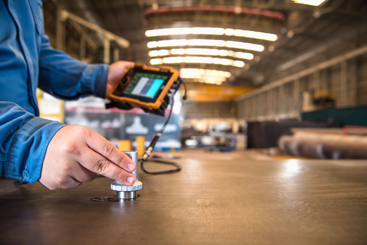 Ultrasonic weld inspection being carried out on fabricated steel